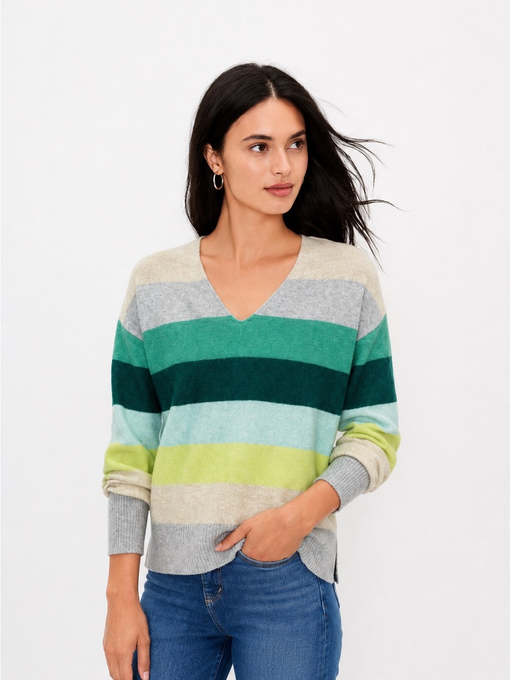 LOFT Striped V Neck Sweater Long Sleeve Green Cream Gray Striped Womens Large